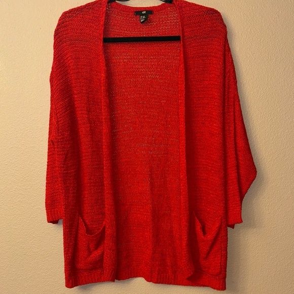 H&M Vibrant Orange Red Open-Front Textured Weave Cardigan Sweater Oversized S/M - Picture 12 of 16